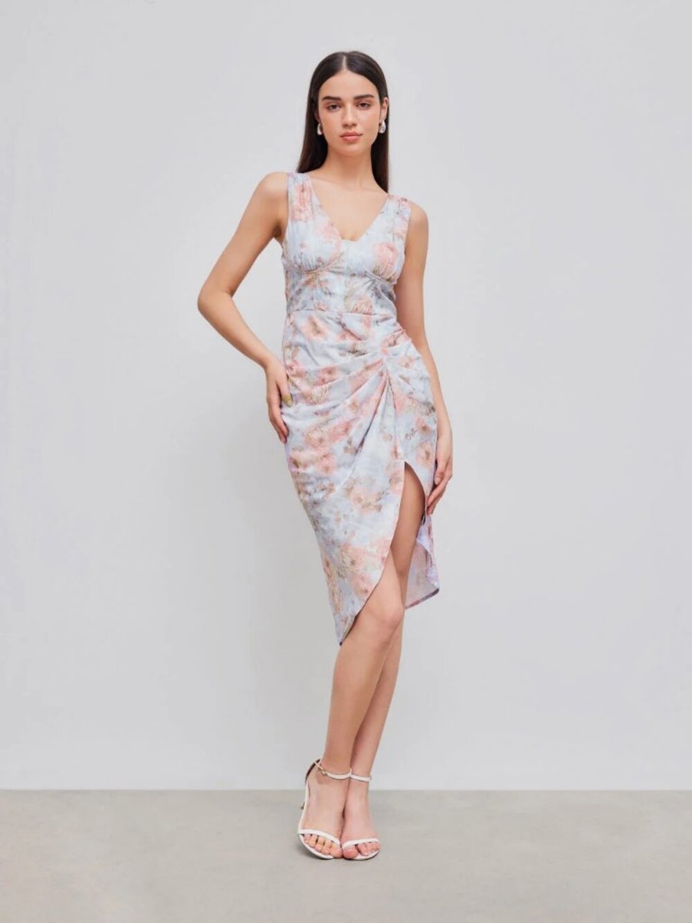 Illusion Floral Ruched Midi Dress from Cider